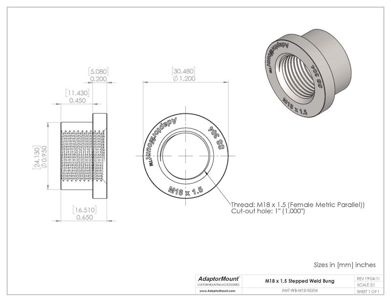 AdaptorMount M18 x 1.5 Stainless Steel 304 Female Threaded Stepped Weld Bung Metric Mounting Boss Fitting (OD 1.0") with Top Head (OD 1.2") - Image 5
